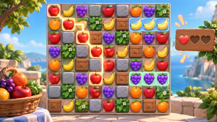 Fruit matching board with blockers, highlighted groups and a limited-move indicator